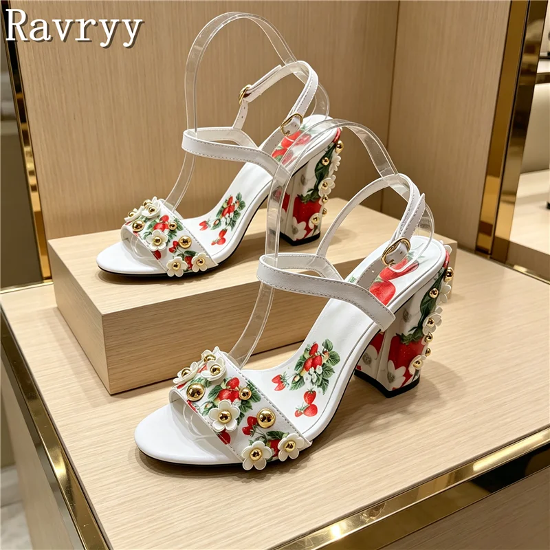 

Women Sweet Strawberry Print Sandals, 3D Flower & Gold Stud Decor Open Toe High Heels Fashion Summer Party Wedding Shoes