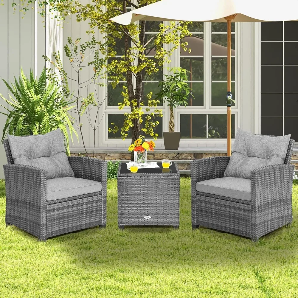 

Courtyard furniture set, 3-piece PE rattan courtyard sofa chair with washable cushions and glass table