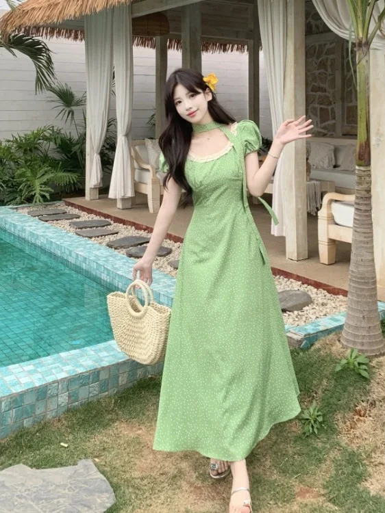 

plus Size Women's Summer Polka Dot Bubble Sve Dr A-Line Midi Skirt Slimming Effect Korean Sle Commute Faion