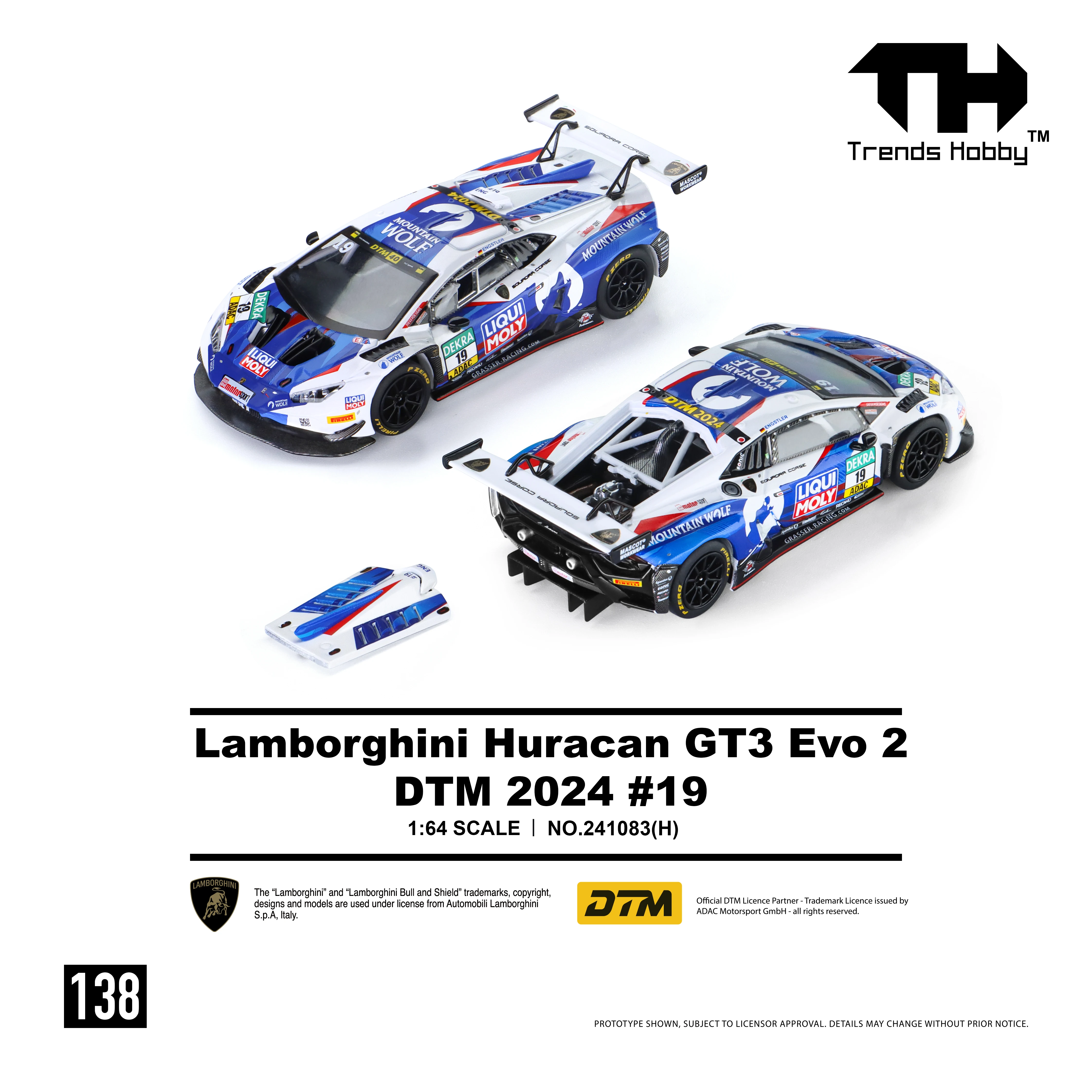 Trends Hobby 1/64 Lamborghini Huracan GT3 EVO2 2024 DTM NO.19 Racing Miniature Model Toy Car Free Wheels Diecast Collection Gift