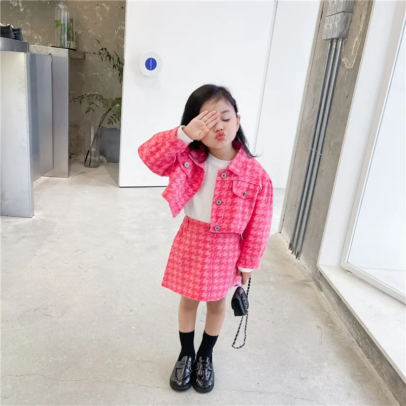 Two Pieces Korean style Girl Clothes Pink Plaid Single Breasted Jeans Jackets Coats Hip Wrapping Skirts Children's Sets