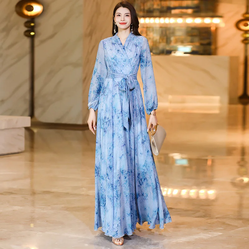 New Women Spring Autumn Chiffon Floral Dress Fashion V-Neck Long Sleeve Slim Waist Long Dress Elegant Light Blue Bohemia Dress