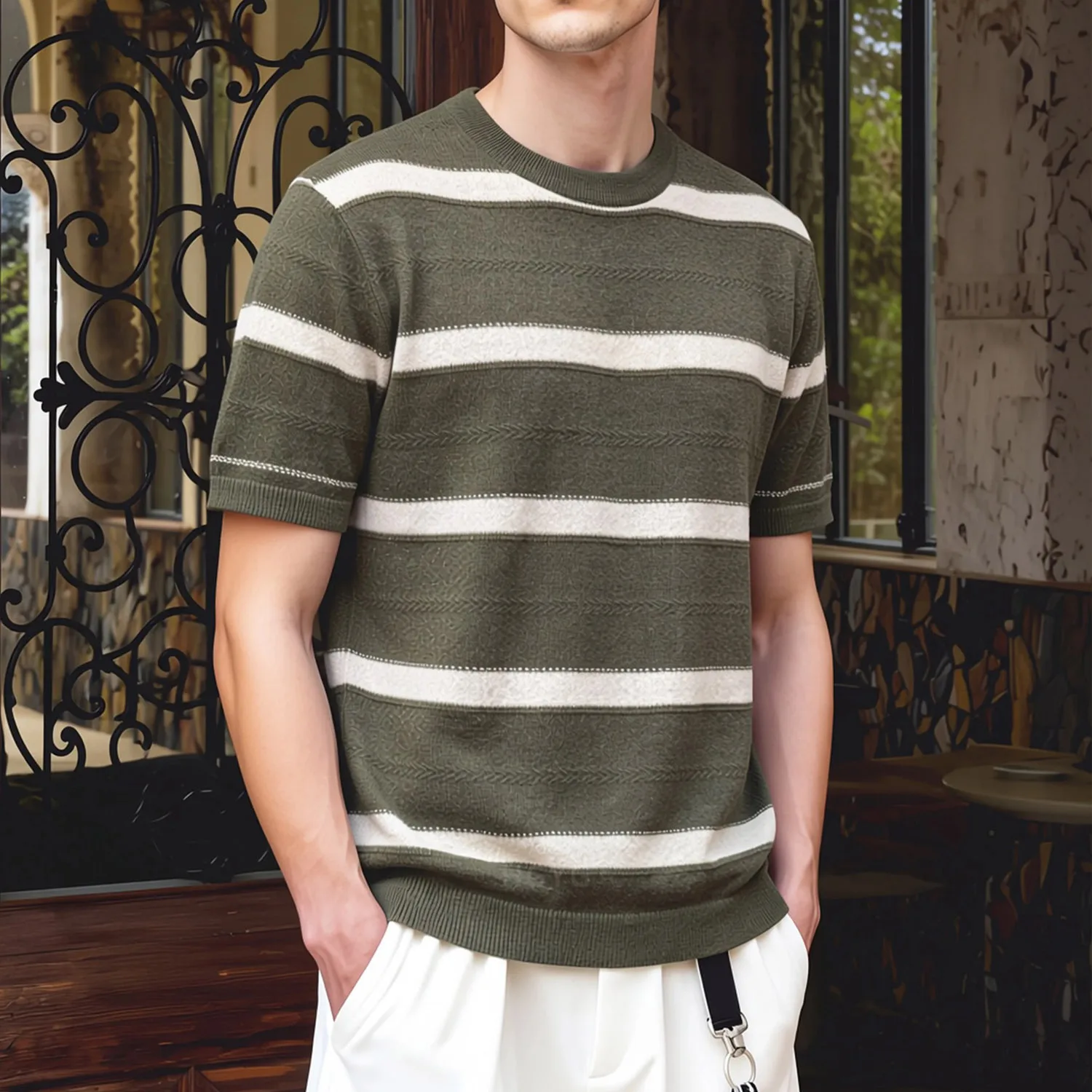 New Italian Business Casual Men's Linen Ice Silk Blend Vintage Style Striped Short Sleeved Knitted