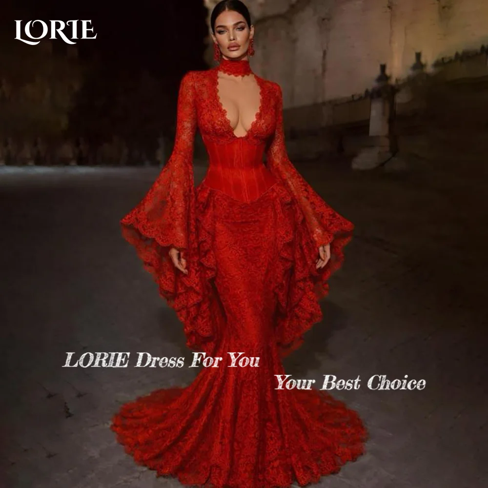 LORIE Lace Puff Sleeves Party Dress Deep V Neck Applique A-Line Evening Dress Prom Dresses 3D Flower Party Gown Club Customized