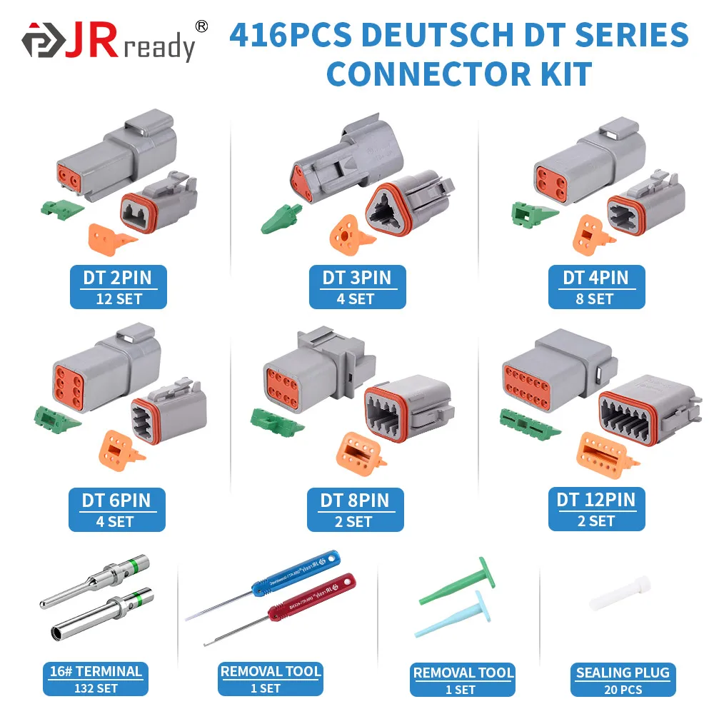 JRready ST6309 DEUTSCH Connector Kit in 2,3,4,6,8,12 Pin With Solid Terminals,12 Sets 2 Pin Connector,Droken Key Extractor Kit