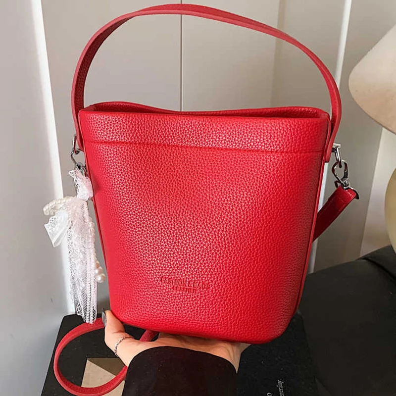 

Red Pu Leather Handheld Bucket Bags for Women High-grade Commute One Shoulder Crossbody Bag Texture Handbags Popular