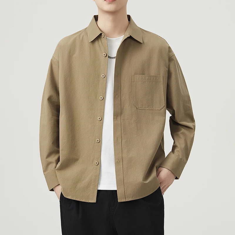 

Мужская весенняя хлопковая рубашка свободного кроя с длинным рукавом, дышащая, повседневная, с воротником, однотонная, модная верхняя одежда