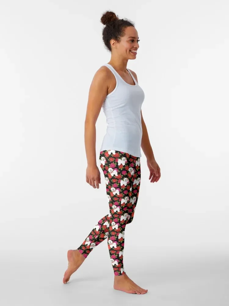 Bichon Frise Red rose, Pink rose Floral Leggings sporty woman gym fitness set gym Womens Leggings