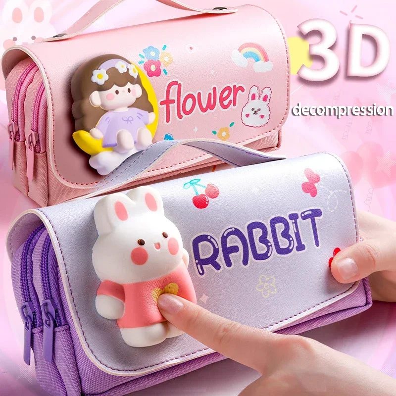 CHEN LIN Cute Cartoon Decompression Pencil Case for Girls Large Capacity Double Layer Portable Stationery Box Student Stationery