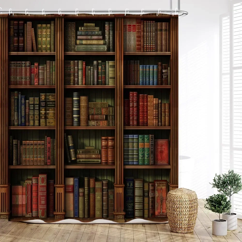Vintage Bookshelf Shower Curtain, Magic Books Old Bookshelf Candles Ancient Attic Print Home Bathroom Decor with Hooks