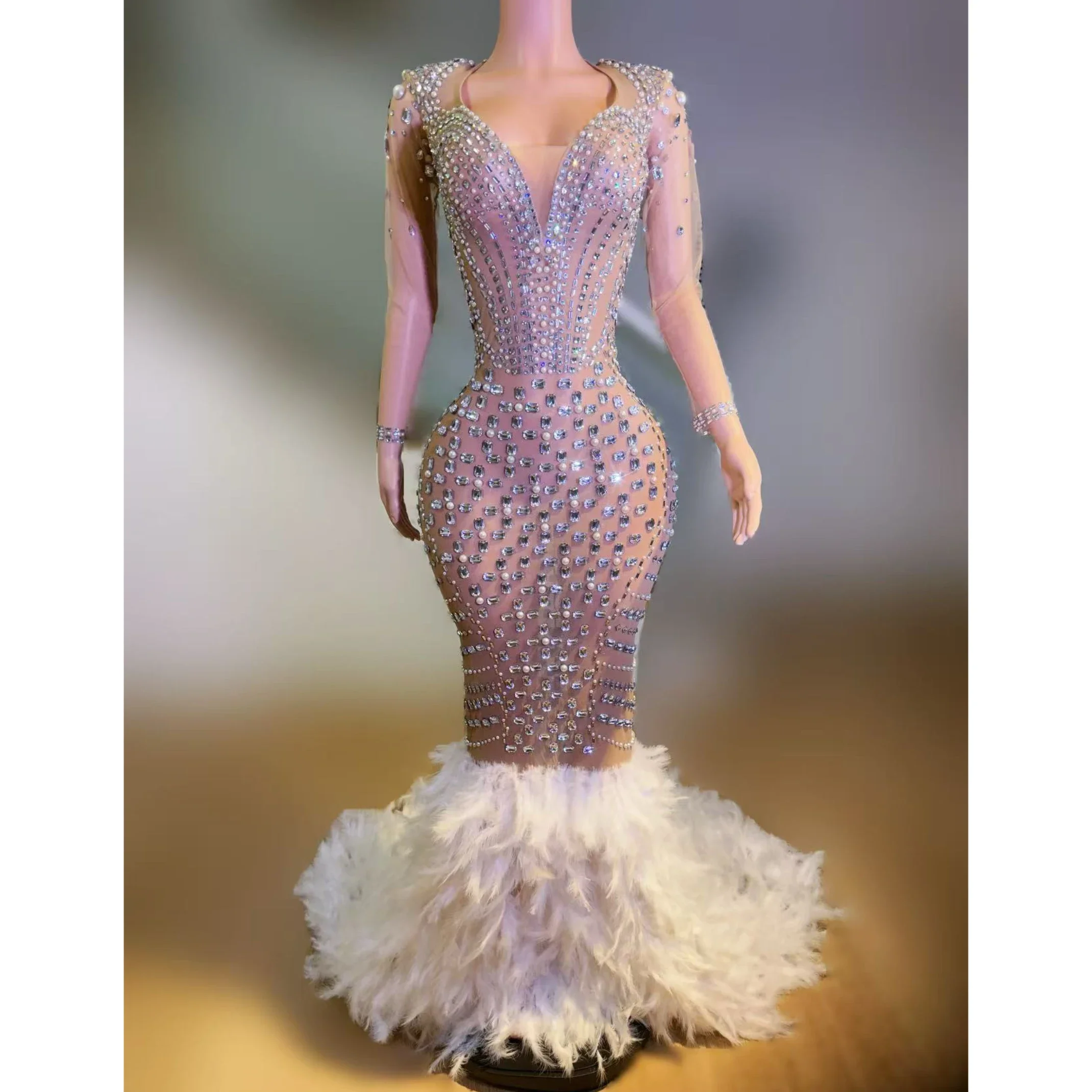 Heavy industry original perspective mesh rhinestone feather trailing dress catwalk photo engagement banquet theme party dress