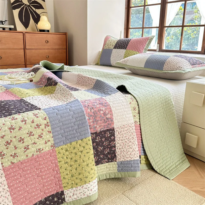 Cotton Quilted Bedspread Set Printed Plaid Padding Quilt Duvet Linen Blanket Cubrecam Bed Cover Colcha Home Bedding Set 3PCS