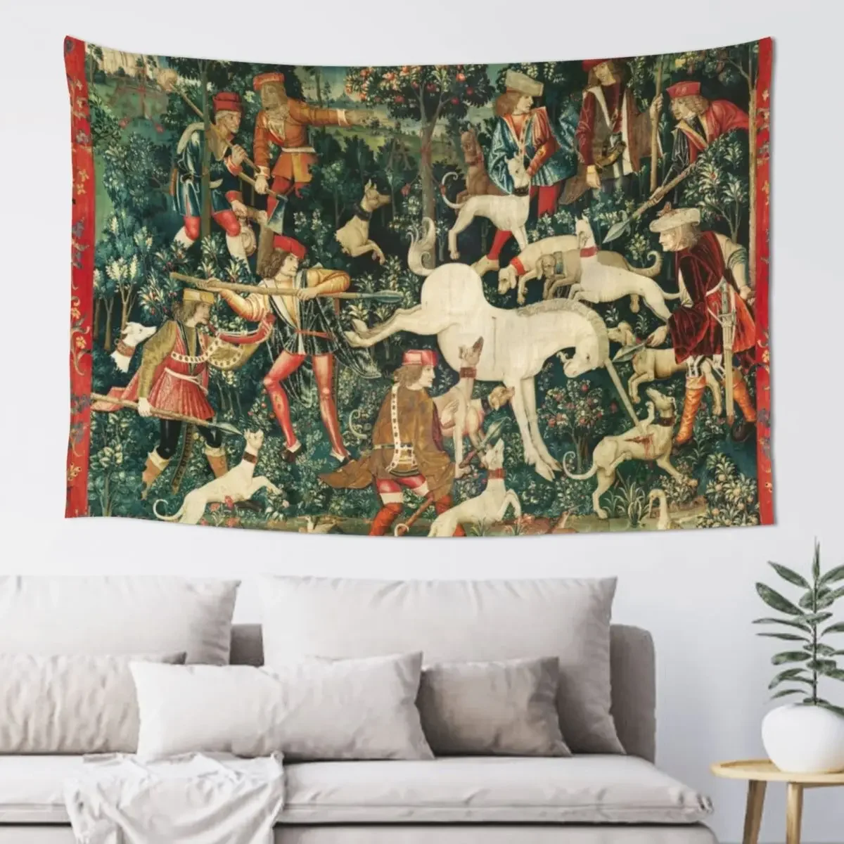 UNICORN DEFENDS ITSELF / Dogs and Other Animals,Green Floral Tapestry Decorative Wall Mural Hanging Wall Tapestry