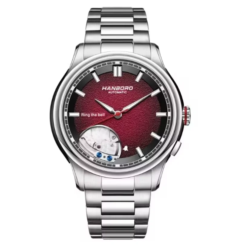 HANBORO Men Automatic Watch Alarm Mechanical Wristwatch 50m Waterproof Sapphire Mirror Luminous Gradient Dial Miyota 9015