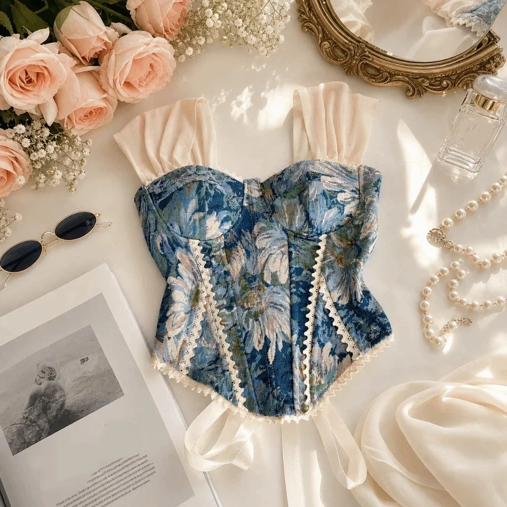 Court Style Slim Fit Fishbone Corset Floral Print Lace-up Back Crop Tops Sleeveless Suspender Vest Beach Wear