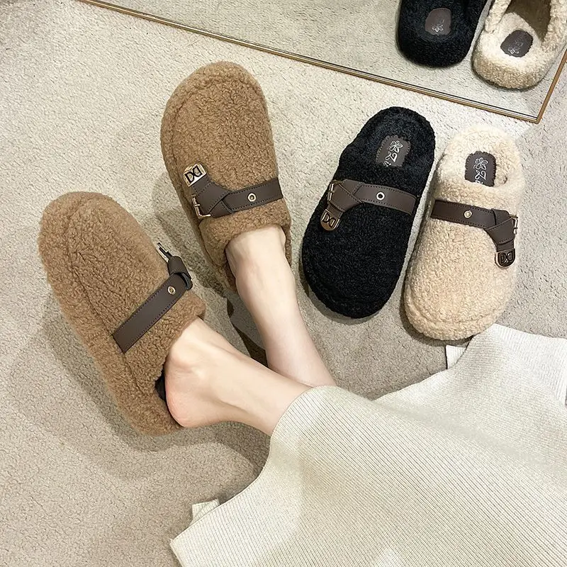 

Thick bottom plush slippers women's outer wear fall winter Baotou half slippers padded warm new home cotton drag fashion street