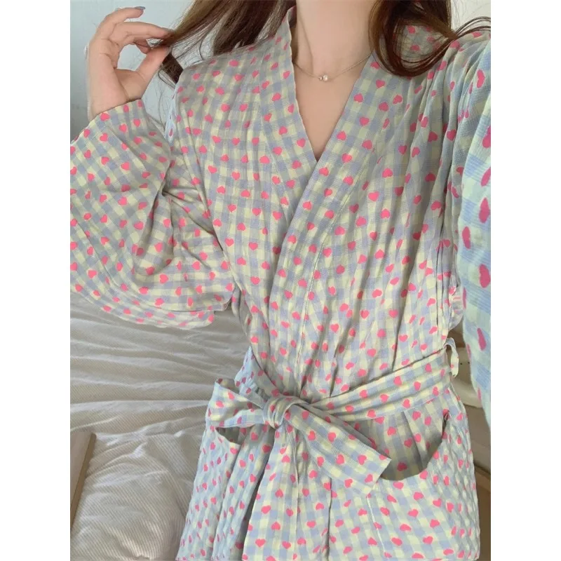 bathrobe women\'s bathing love plaid loose long sleeve long kimono V-neck lace up trousers nightgown sexy robe women\'s girl