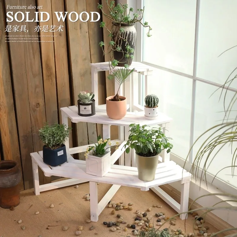 Anticorrosive wood corner flower stand indoor balcony solid wood ladder multi-layer flower pot shelf shelf