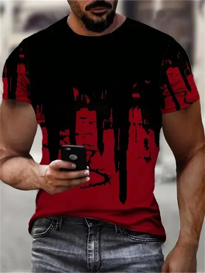 Herren T-Shirt mit schwarzem und rotem Tropfenmuster, lässiger Rundhalsausschnitt, kurze Ärmel, Streetwear-Grafik-Oberteil