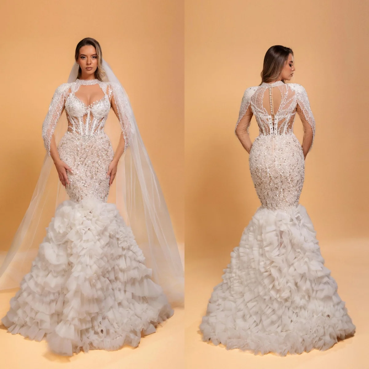 

Современные свадебные платья с высоким воротом и блестками, свадебное платье русалки со стразами и длинными рукавами, рюшами, платье принцессы по индивидуальному заказу, Vestidos De Novia