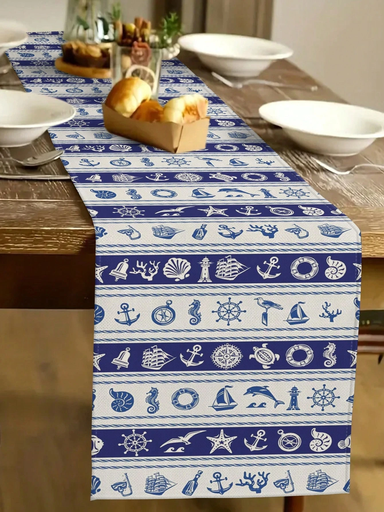 Nautical Fish Table Runner Single Sided 2D Print Coastal Table Decor Durable Like Fabric Kitchen Dining Room Beachy Relaxed Gift