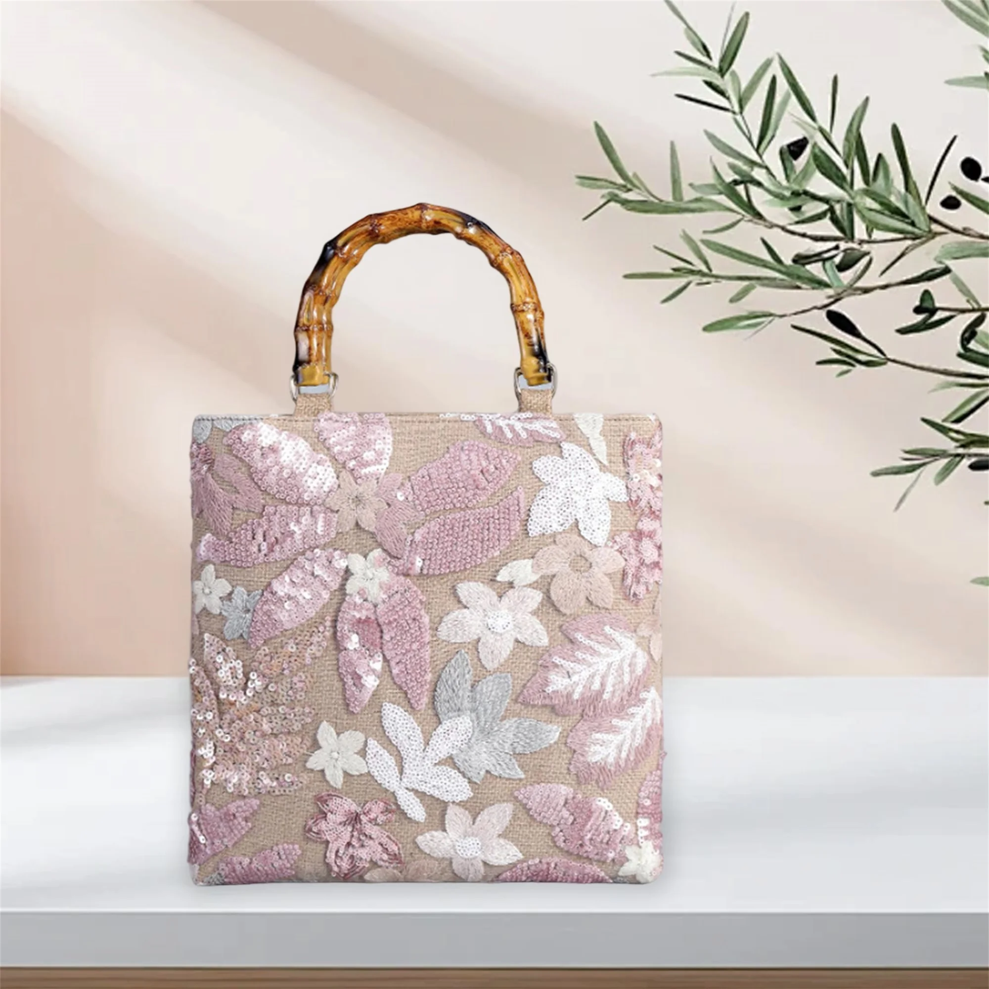 

Stylish Shoulder Bag with Floral Embroidery and Sequins Spacious Tote for Everyday Use Lightweight and Trendy Women s Purse
