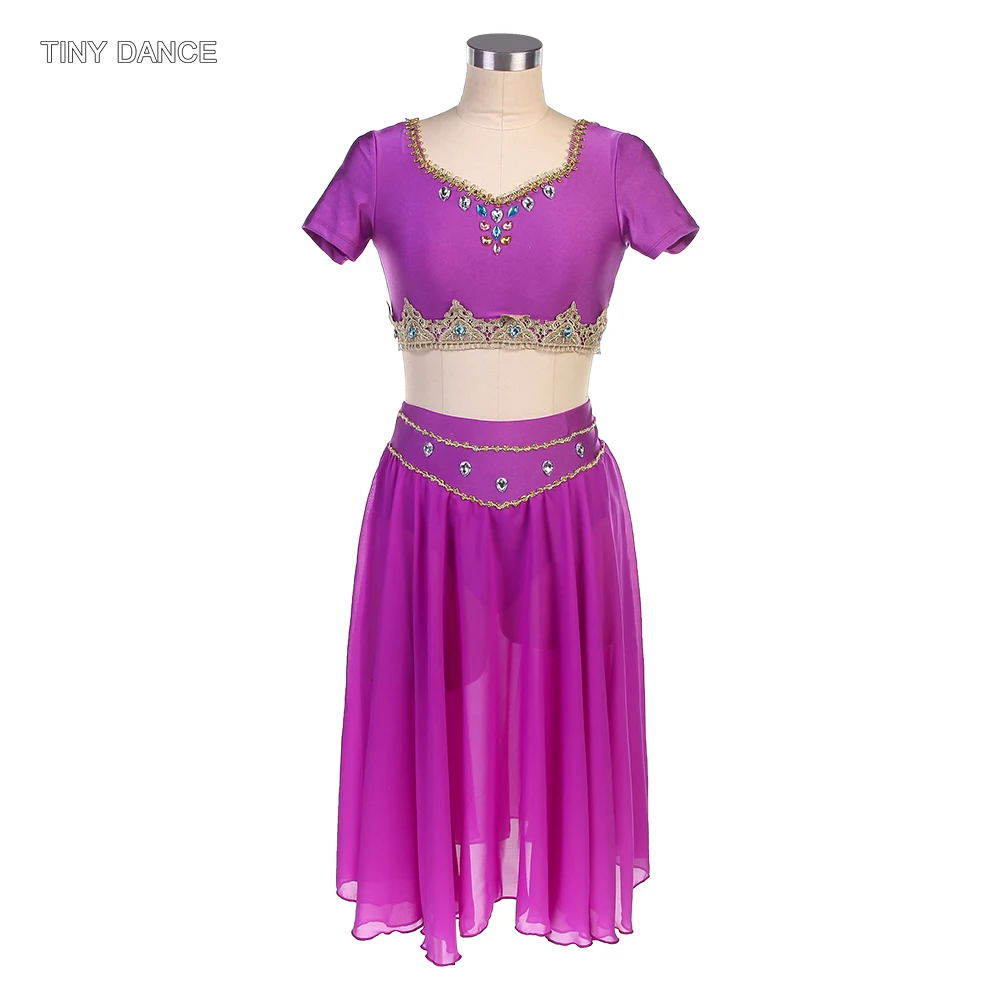 

2 in 1 Ballet Dancing Costume Set for Women Performance Dancewear Short Sleeves Bra Top and Chiffon Skirt Theather Costumes