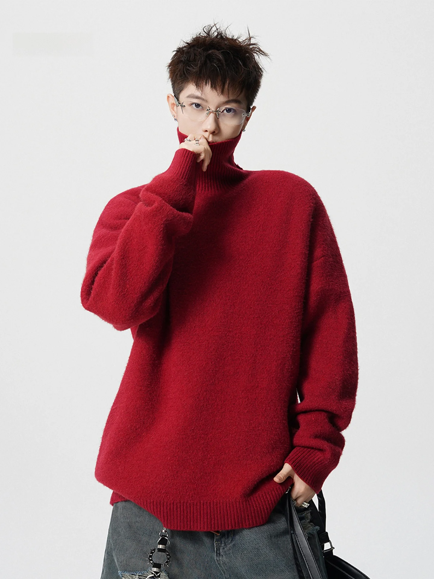 

Красный мужской свитер с высоким воротником Cisas, утепленный флисом, вязаный, осенне-зимний, повседневный, модный, свободного кроя