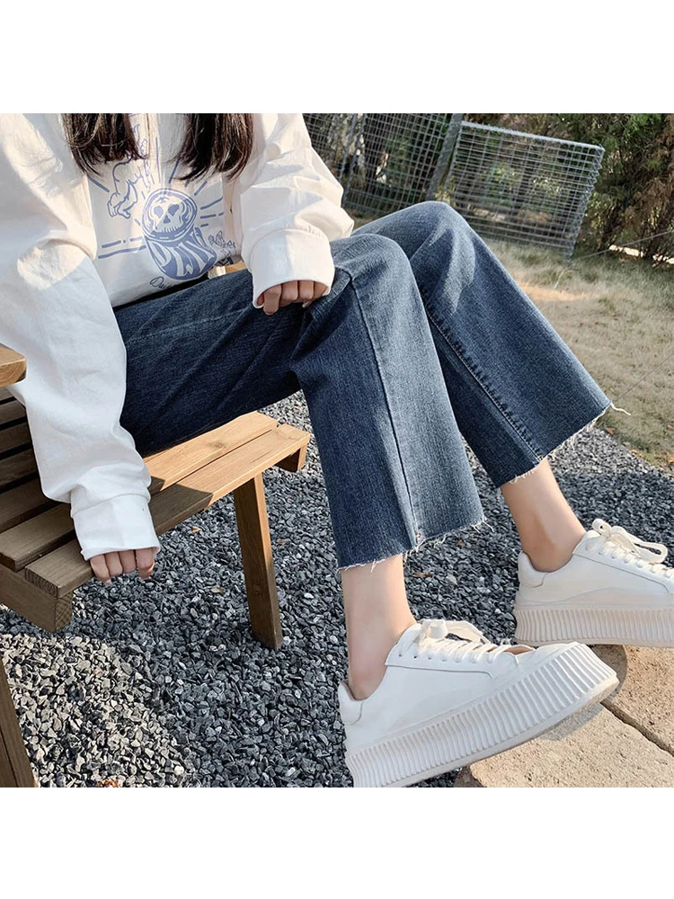 Straight Leg Jeans Women\'s 2022 Autumn New High Waist Elastic Retro Deep Blue Denim Pants Boyfriend Streetwear Slouchy Jeans