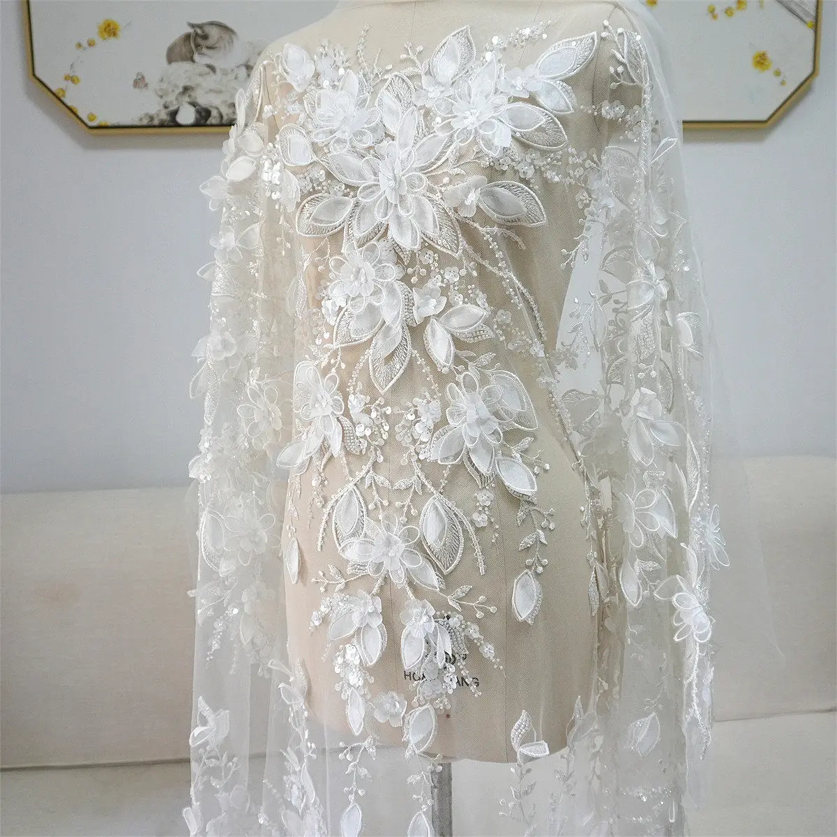

NEW 3D Flowers Hand Embroidered Beaded Sequins Lace Fabric. Veil. Luxurious Applique Wedding Dress Material