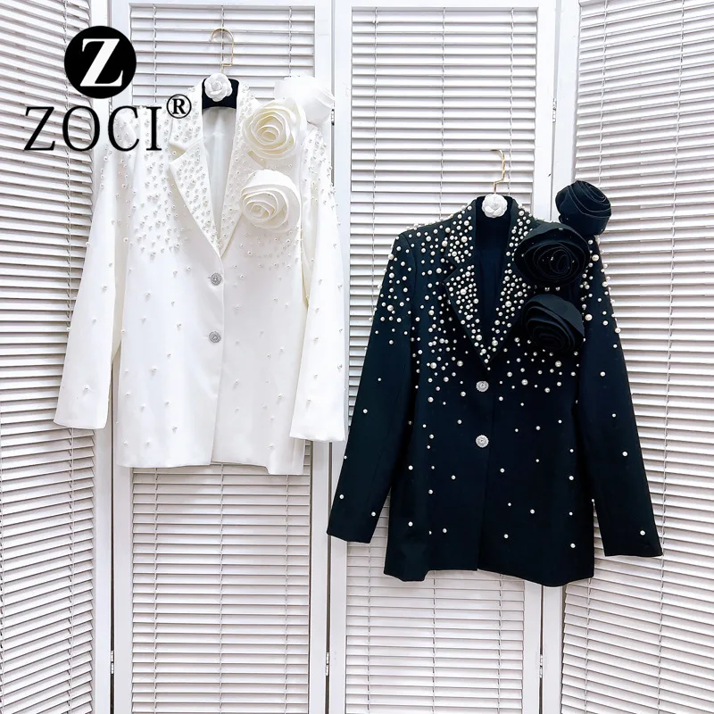 Women collar heavy industry single breasted nail bead flower decoration loose suit jacket New