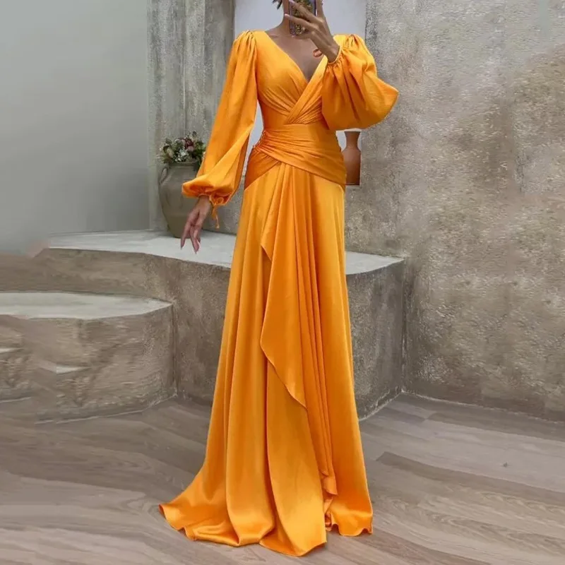 

Elegant A-Line Wedding Guest Dress Long Sleeve Satin V Neck Silhouette Ruffles Brush Train Evening Dress 2025 Free Customized