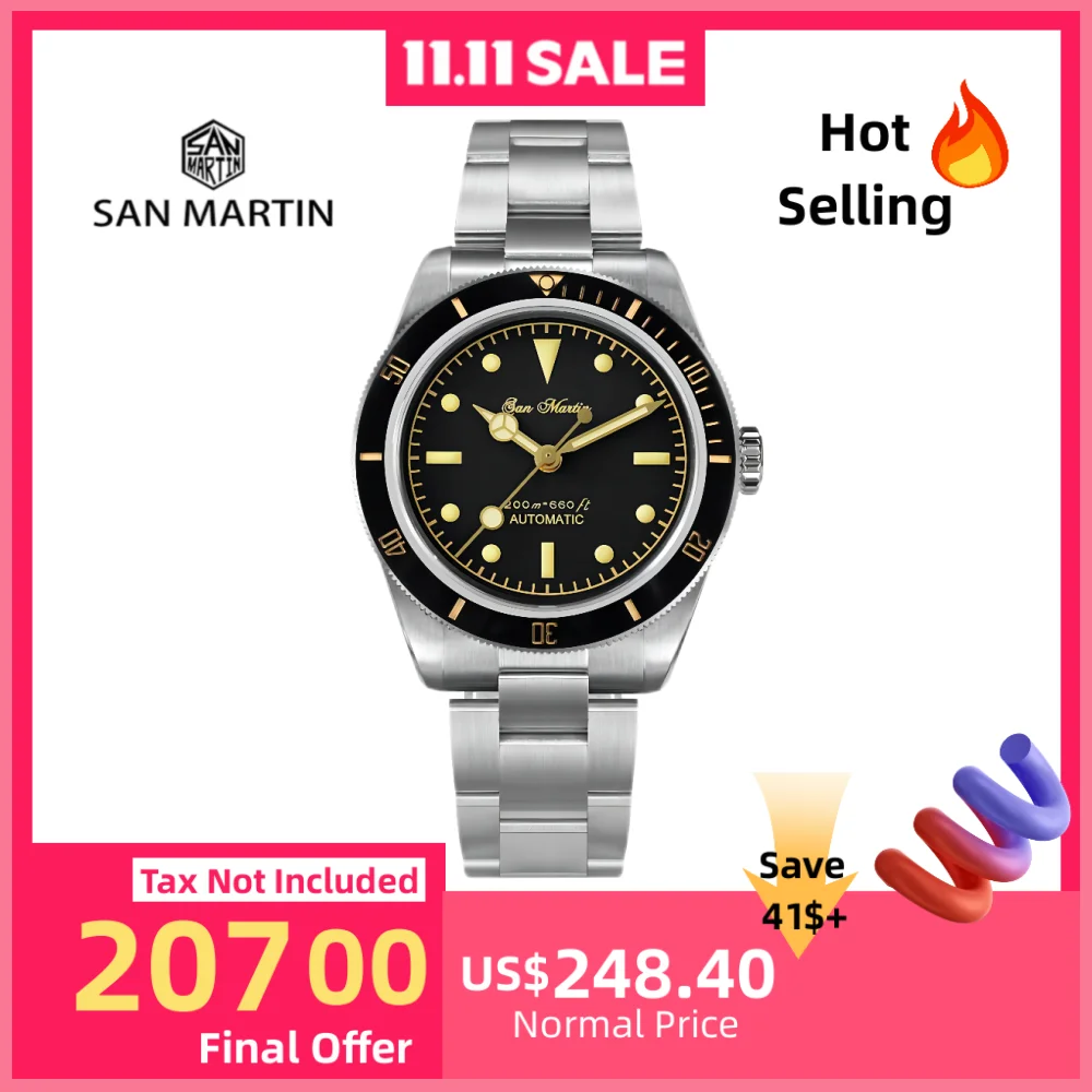 산 마틴 38mm 6200 다이버 시계 남성용 시계 NH35 자동 플라이 조정 걸쇠 사파이어 BGW-9 빛나는 20Bar SN0004GA