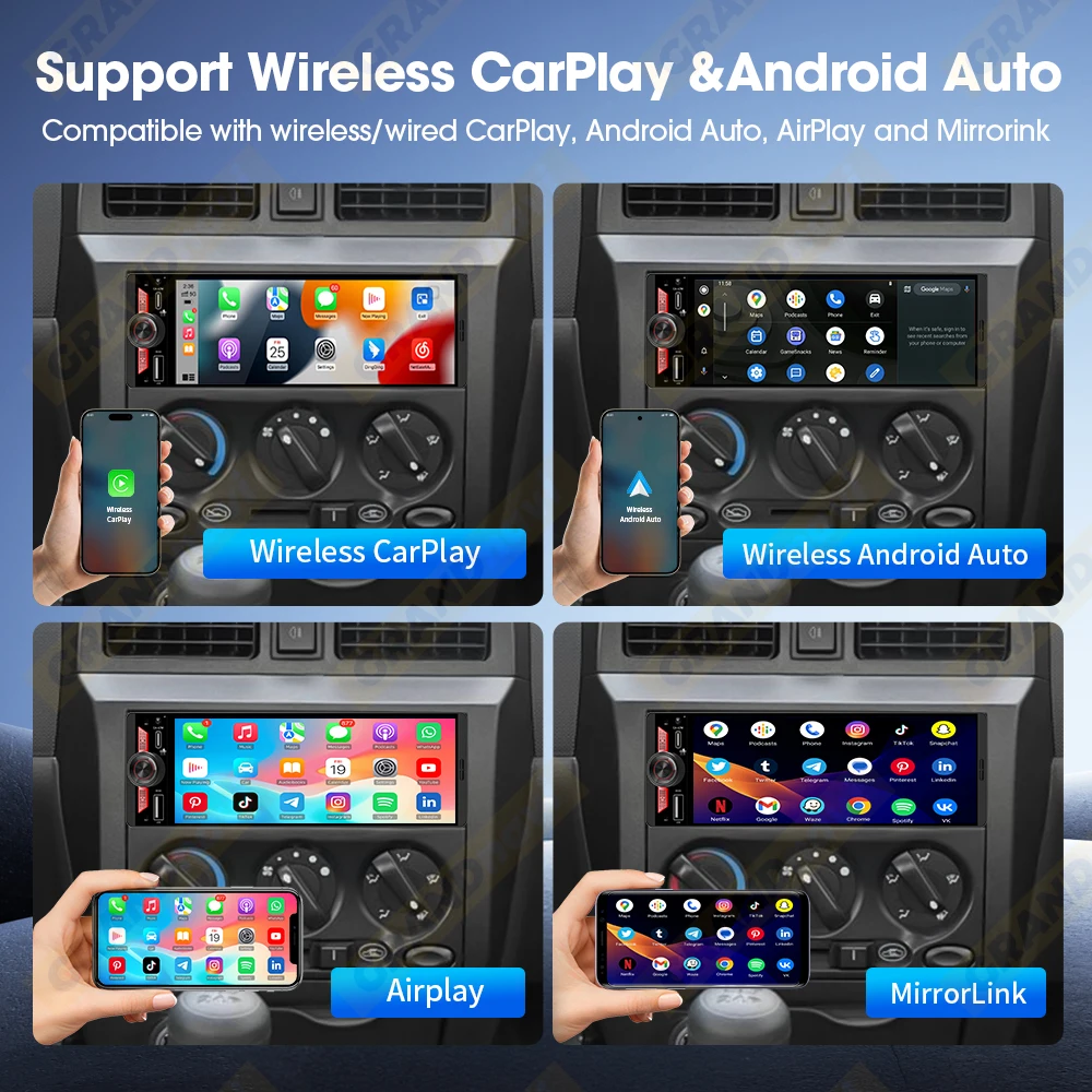 6.5 Inch 1Din IPS Screen Wireless Carplay Android Auto Airplay Car Radio MP5 Player Stereo Bluetooth FM Type-C PD3.0 Fast Charge