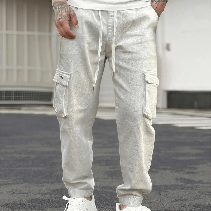Denim overalls, elastic tied jeans, universal in all seasons, street wear, convenient storage with multiple pockets
