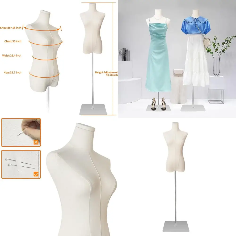 

Adjustable Height Female Sewing Mannequin, Slim Size 2, Black Linen Fabric, Silver Base, 50-70