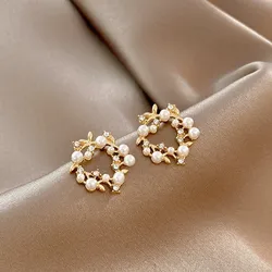 Trendy Crystal Imitation Pearl Garland Stud Earrings for Women Korean Golden Metal Flower Leaf Round Circle Earring Jewelry Gift
