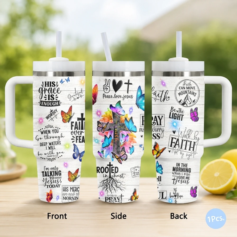 Christian Faith Affirmation Vacuum Flasks 40oz Stainless Steel Insulated Tumbler with Handle & Straw Leakproof Car Mug