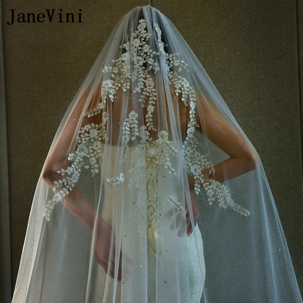 JaneVini Velo da sposa in pizzo floreale con perline bianche pettine a 1 livello 3 metri di lunghezza veli da sposa sposa avorio Velo Para Novia 2023