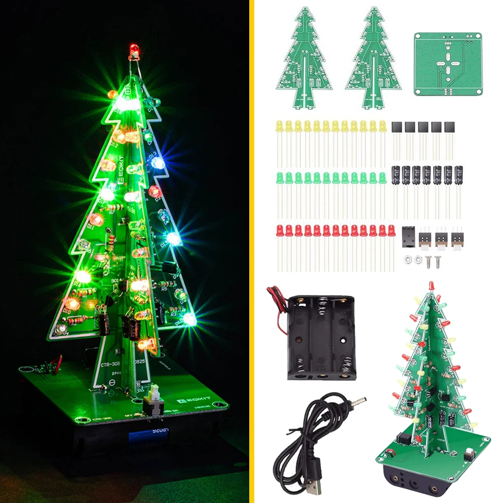 Three-Dimensional 3D Christmas Tree LED DIY Kit 3/7 Color Flashing LED Circuit Kit Soldering Practice Electronic Fun Suite 3 PCB