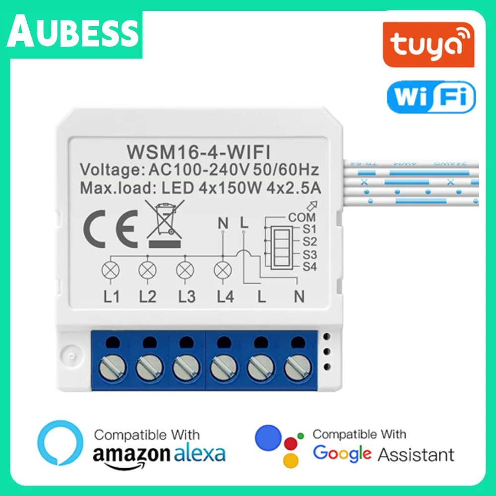 WiFi Tuya Smart Switch Circuit Breaker 16A 1/2/3/4 Way Dual Control Mini Light Switch Module Work With Amazon Alexa Google Home