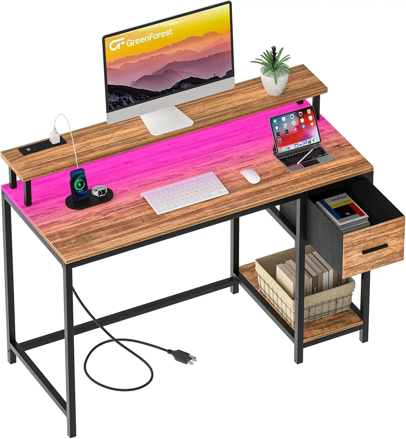 

Gaming Desk 47 H With Led Lights And Monitor Stand, Computer Desk With Drawer For Small Spaces, Office Desk With Power Outlets