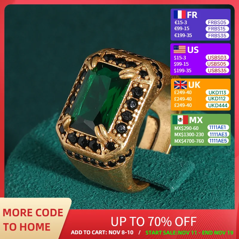 

Vintage Emerald Green Crystal Rings Dubai Gold Color Jewelry Rectangle Woman Luxury Designer Antique Black Party Accessories