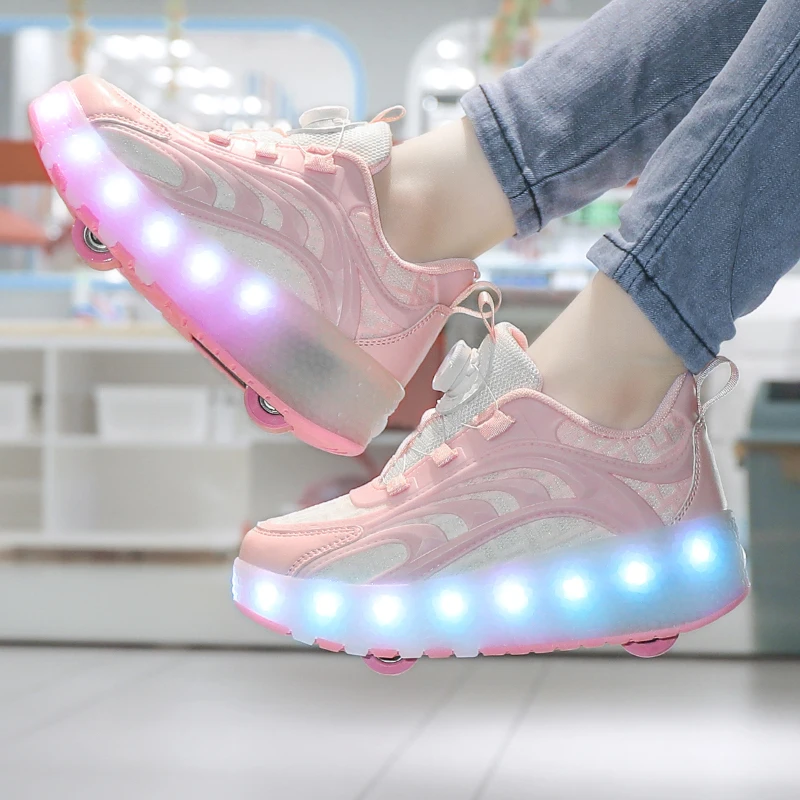 Pink Fashion Girls Boys LED Light Roller Skate Shoes for Children Kids Sneakers with Wheels Two Wheels Sneakers for Boys Kids