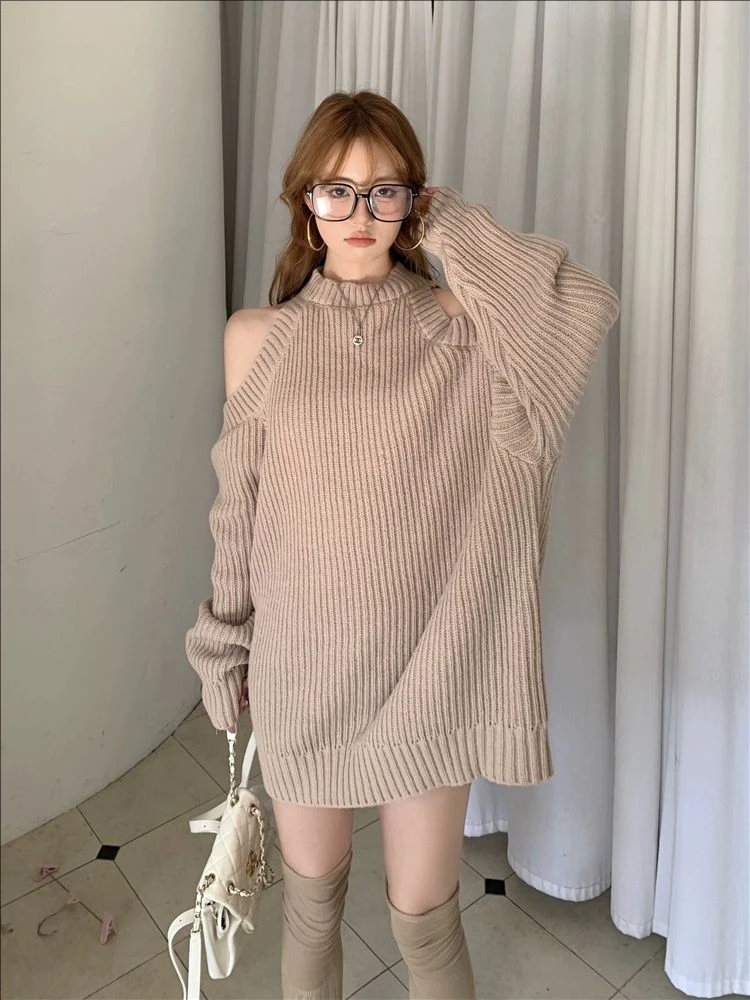 Knitted Sweater Women  Long-sleeved Off Shoulder Pullovers Hotsweet Vintage Streetwear Clothing Y2k Tops Fashion Knitting Dress