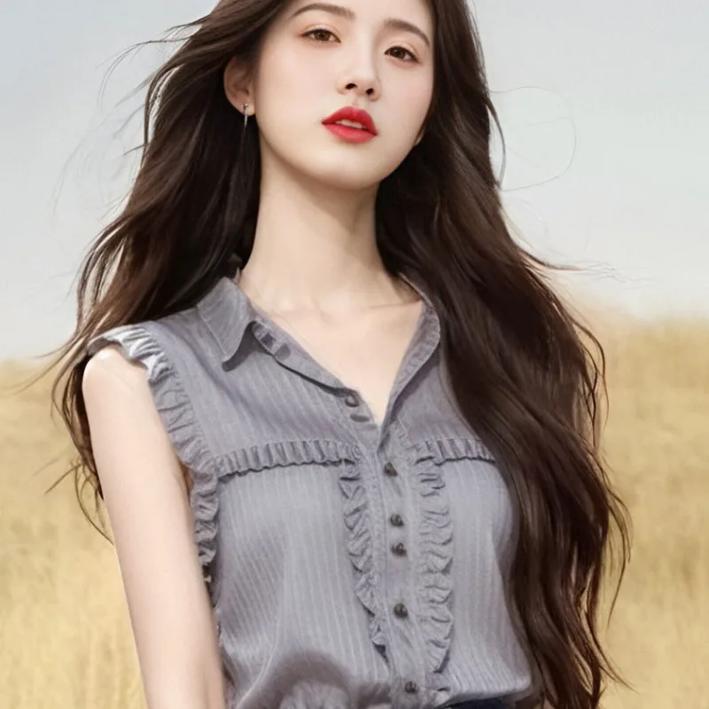 

Women Clothing Summer Fashion Casual Button Solid Color Simplicity All-match Ruffles Women Shirts Temperament Sleeveless Top Tee