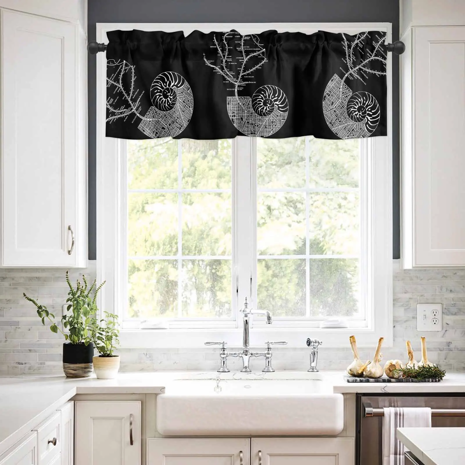 

1PCS Kitchen Short Curtain Valance Nautilus City Route Line Draft Rod Pocket Window Home Decoration