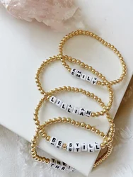 Vlen Personalized Jewelry Customize Letter Name Bracelet 4mm Gold Color Beads Bracelets 18 K Golden Plated Strand Pulseras