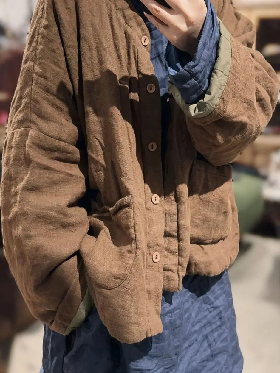 

Повседневная художественная однотонная льняно-хлопковая куртка на осень-зиму, новинка SN236, удобная, свободного кроя, с длинными рукавами и воротником-стойкой