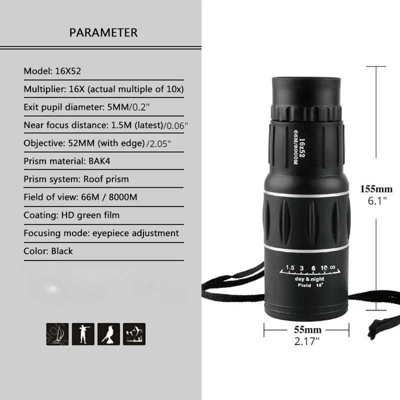 16X52 تلسكوب نيتروجين أحادي العين عالي الطاقة للرؤية الليلية للصيد عدسة بصرية أفضل نطاق اكتشاف خارجي